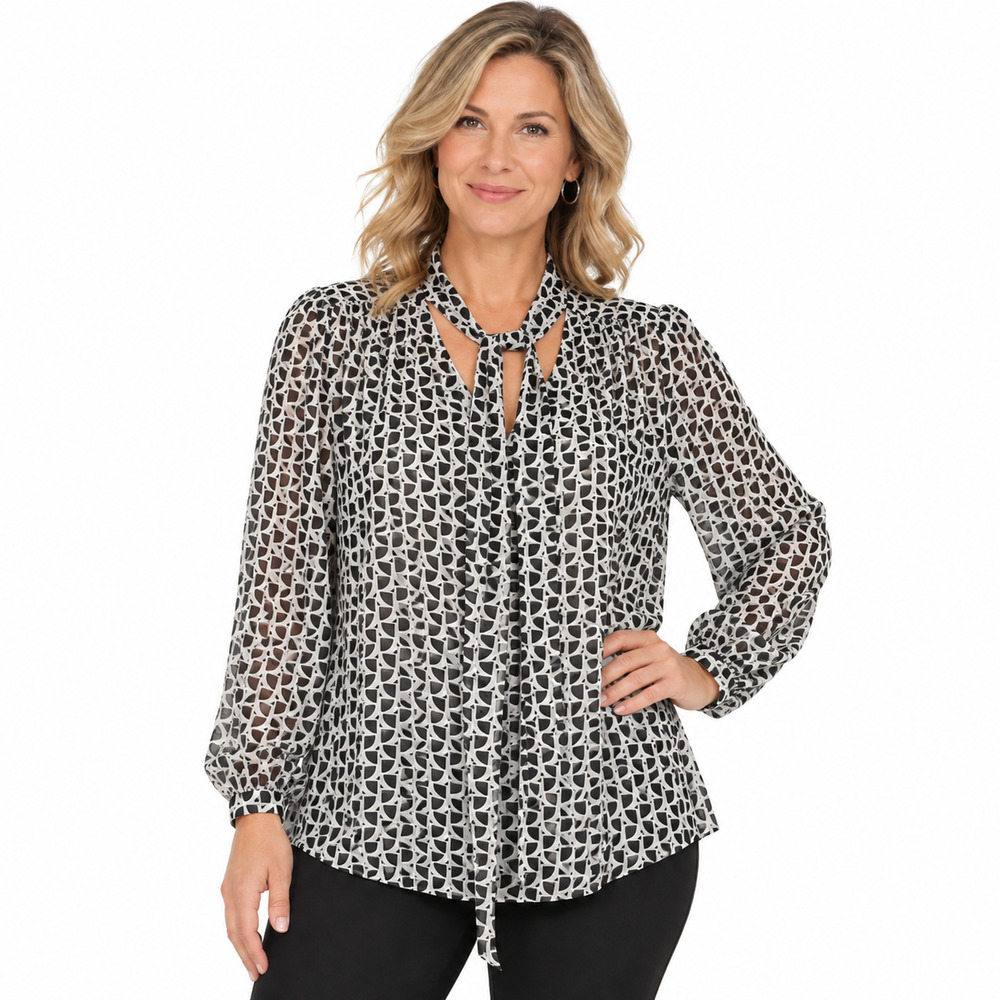 Chicos Black White Scarf Neck Chiffon Sheer Button Up Long Sleeve Top Shirt 2/ L